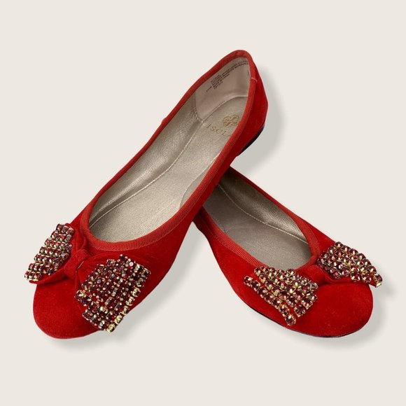 Isola Red Rhinestone Bow Suede Flats 6 and a Half - Picture 1 of 8